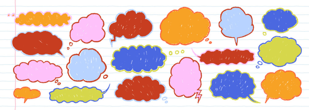 Cloud speech bubbles in soft crayon doodle texture. Cute cartoon childish blank text boxes for emphasis. Colorful funky pencil silhouettes. Comic school dialog talk balloon shapes.