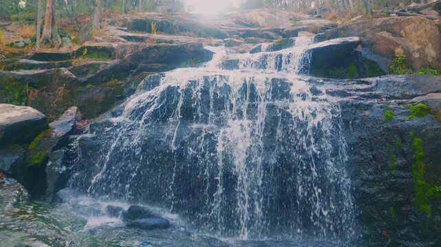 Footage of the scenic Glendale Falls, a long cascade chain over 160 feet high on Glendale Brook in Middlefield, Massachusetts.