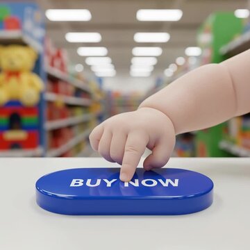 Baby pressing "buy now" button in a blurred supermarket; a funny image about modern consumerism, impulse buying, creative marketing, and retail