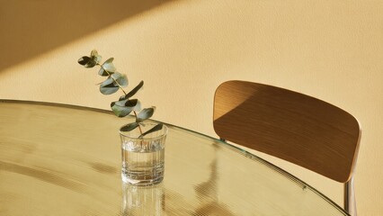 Eucalyptus Branches Decorate Glass Table with Chair in Sunlight

