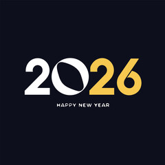 Happy New Year 2026 typography with white and gold numbers featuring a stylized zero on a dark background. Sophisticated design for corporate greetings, social media, and banners.