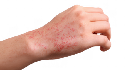 Close up view of a man scratching his shoulder, revealing a red rash caused by a skin condition. Isolated on a transparent background, highlighting symptoms of irritation and discomfort