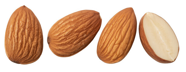 Four almonds nuts brown isolated on a transparent background