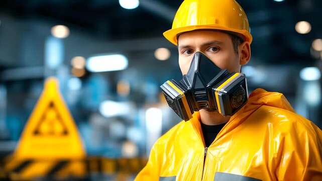 Faceless worker in full body chemical protection suit and respirator mask at hazmat processing facility, hazardous materials handling procedure, maximum safety precautions protocol