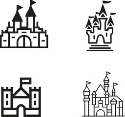 Four distinct fairytale castle icons, symbolizing dreams, magic, and medieval fantasy architecture