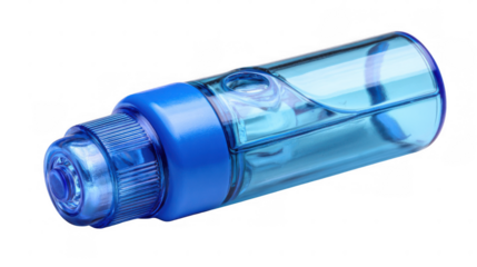 Close up of a pocket inhaler featuring a transparent body that reveals internal components, highlighting portability and functionality for respiratory relief