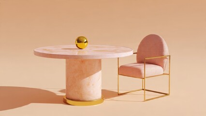 Golden Sphere Resting on Table with Chair in Pastel Room

