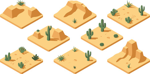 Isometric desert landscape tiles set featuring sand dunes cacti terrain, arid environment, game assets, map elements, 3D illustration collection © Md Golam Shahariyar