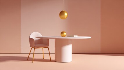 Golden Sphere Resting on Table with Chair in Pastel Room

