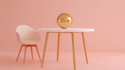 Golden Sphere Resting on Table with Chair in Pastel Room


