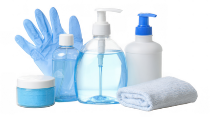 Displaying white generic containers for hygiene and sterilization products, including a face mask and bath sponge, highlights cleanliness and disease prevention