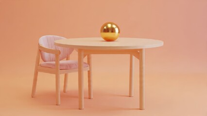 Golden Sphere Resting on Table with Chair in Pastel Room

