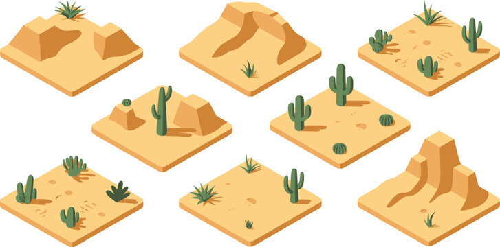 Isometric desert landscape tiles set featuring sand dunes cacti terrain, arid environment, game assets, map elements, 3D illustration collection