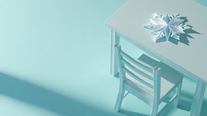 Winter Snowflake Resting on a Child's Desk in a Pastel Room

