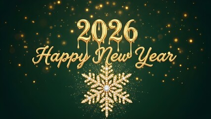 Elegant Gold 2026 Happy New Year with Snowflake on Green Background - Luxury Holiday Greeting Card Design