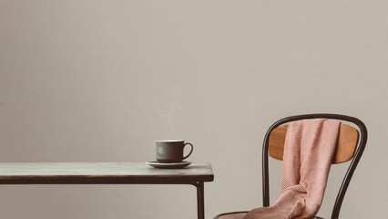 Hot Coffee Steams on Table Next to Empty Chair

