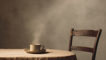 Hot Coffee Steams on Table Next to Empty Chair

