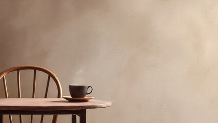 Hot Coffee Steams on Table Next to Empty Chair

