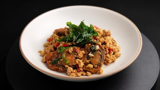 Stir Fried Crispy Basil with Pork and Black Preserved Egg in white plate (Kai Yiew Ma Kra Prao Krob)