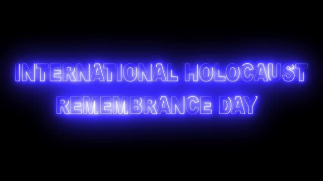 Glowing neon blue color international holocaust remembrance day icon animation on black background.4k motion video animation.