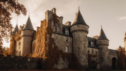 Majestic Medieval Castle with Conical Towers and Autumn Foliage at Sunset.