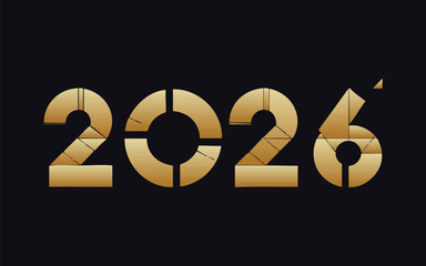 Creative 2026 New Year typography built from gold geometric segments on a dark background. Modern luxury vector design ideal for corporate holiday branding, premium event invitations, and digital