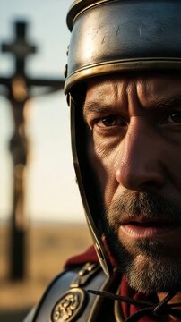 Close up of Roman soldier man in armor with crosses in background indicating religious scene of crucifixion