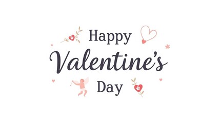 Happy valentines day illustration with cute cupid, hearts, and flowers on white background, flat design, realistic style, romantic greeting card