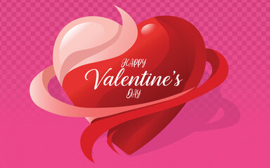 Happy Valentine&rsquo;s Day illustration featuring a glossy 3D heart with flowing silk ribbons. Romantic vector design ideal for greeting cards, love-themed marketing banners, ads, and social media posts.
