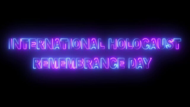 Glowing neon cyan and purple color international holocaust remembrance day icon animation on black background.4k motion video animation.