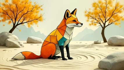 In the autumn scenery of the sandy courtyard, the colorful fox lies on its side and rests