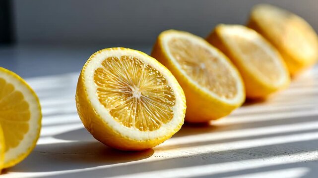 Sunlit lemon halves in diagonal row casting shadows on a wooden surface
