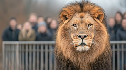 A majestic lion gazes confidently at the viewer, with a blurred crowd in the background, showcasing the wild's beauty and power.