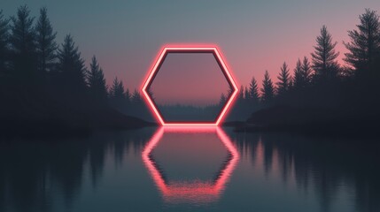 A serene landscape featuring a glowing hexagonal frame reflected in calm water, surrounded by trees at dusk, creating a mystical atmosphere.