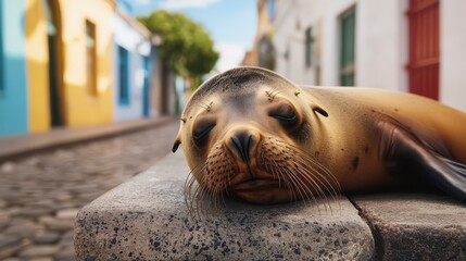 A peaceful sea lion rests on a stone ledge in a vibrant, colorful street, surrounded by charming buildings and greenery.