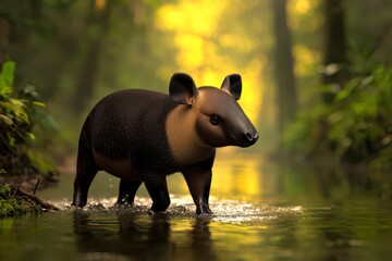A tapir stands in a serene forest stream, surrounded by lush greenery and soft, dappled light, creating a tranquil and natural scene.