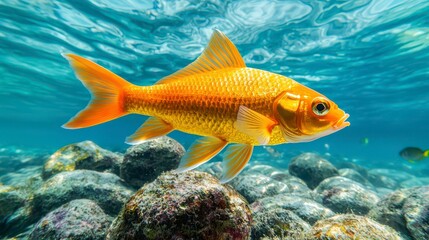 A vibrant orange fish swims gracefully over rocky seabed under shimmering water, showcasing the beauty of underwater life.