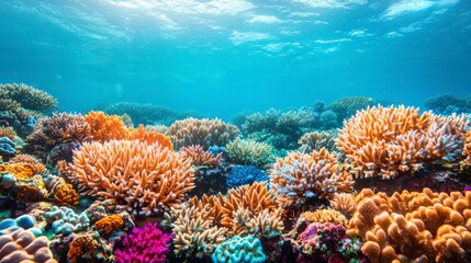 A vibrant underwater scene filled with colorful coral reefs, showcasing diverse marine life beneath clear blue waters.