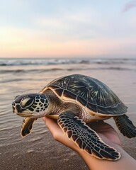 A hand holds a beautiful sea turtle against a serene beach backdrop at sunset, highlighting ocean life and nature's beauty.