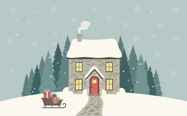 Christmas Cottage In Snowy Forest