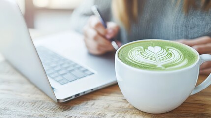 Green Tea Latte Moment: A person is immersed in work, sipping a creatively designed green tea latte, capturing a blend of productivity, focus, and mindful indulgence.