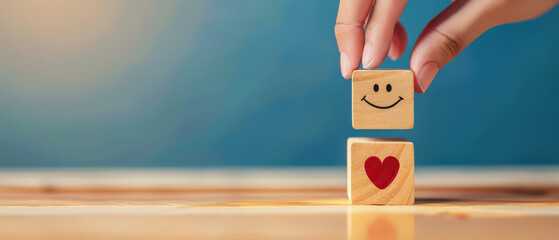 Obraz na płótnie Canvas Employee satisfaction and wellbeing concept with a hand selecting a wooden block with smiling heart symbol, representing care, engagement, motivation, and positive workplace culture.