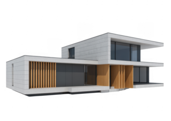 Modern white house with wood accents and large windows isolated on a transparent background