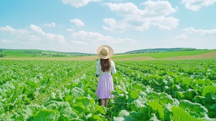 A Stroll in the Field: A woman walks through a vibrant green field on a bright day. She is absorbed in the scene. She enjoys the fresh air and is captivated by her surroundings.