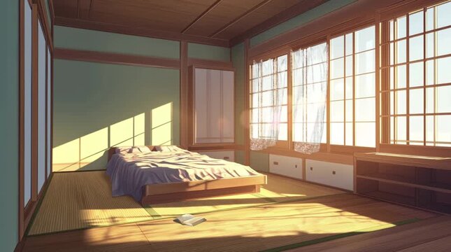 Traditional Japanese bedroom interior with tatami floor, futon bed, and soft morning sunlight through shoji windows. Calm and peaceful living space for lifestyle and cinematic background