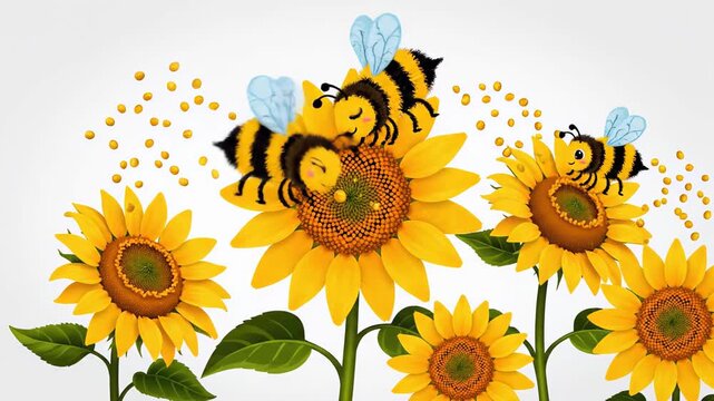 animated collection of bees buzzing around vibrant sunflowers in bright daylight