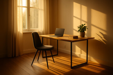 Fototapeta premium Cozy workspace with a laptop and a plant in sunlight