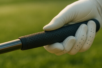 Close-up of a gloved hand gripping a golf club handle