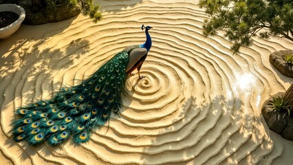 Amidst the withered landscape, the colorful feathered peacock stands still with its silhouette