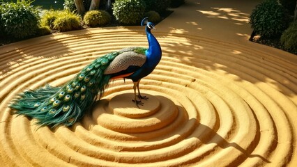 The colorful peacock display screen stands tall in the Zen sand court